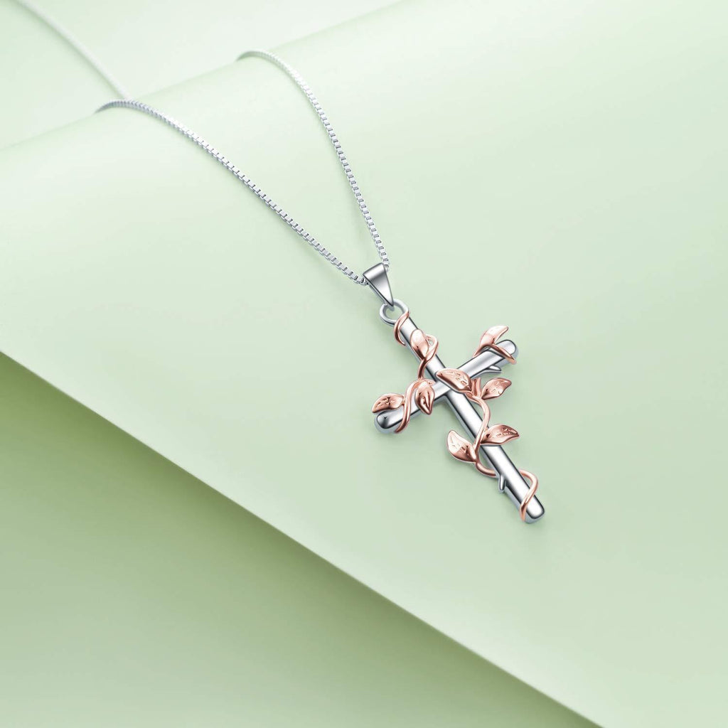 Sterling Silver Rose Flower Cross Pendant Necklace